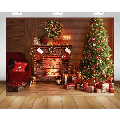 Fireplace Christmas Photography Backdrop Wreath Xmas Red Sock Candle Living Room Background Gifts Winter Family Party Video Prop