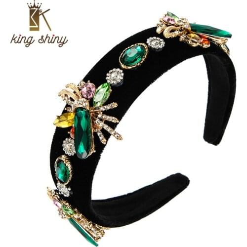 King Shiny Baroque Vintage Colorful Crystal Dragonfly Headband Elegant Sparkly Rhinestone Beaded Hairband Girl Party Tiara Bezel