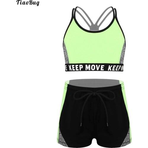 TiaoBug Summer 2Pcs Kids Girls Sport Outfit U Neck Cross Straps Open Back Color Contrast Crop Vest And Short Set Swimwear Bikini