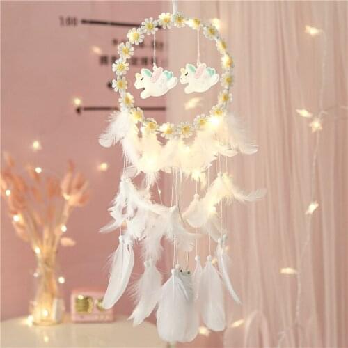 Dream Catcher Handmade Traditional Pure White Feather With Unicorn Design Wind Chime Wall Hanging Home Kids Bedroom Decoration