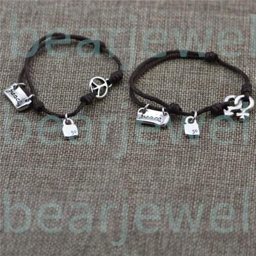 Peace Unisex Trendy Spanish Brown Color Rope 19CM Adjustable Female Silver Bracelets Jewelry