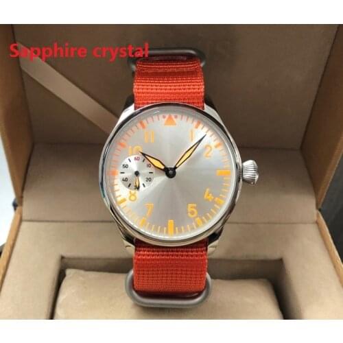 Sapphire crystal 44mm GEERVO silvery dial orange numbers oranger luminous Asian 6497 Mechanical movement mens watch gr339-g8