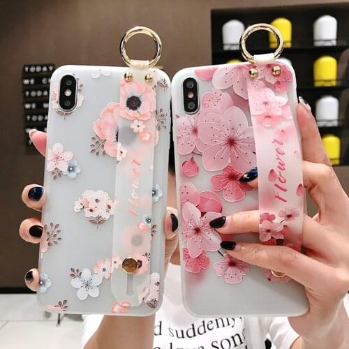 Soft TPU Wrist Strap Case For iphone 7 8 6 6s plus 11 Pro Max X Xs max XR Relief Floral Phone Holder Case Cover For iPhone 11Pro