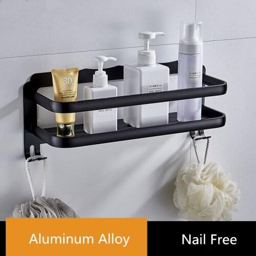 Nail Free Bathroom Shelf Aluminum Black Shower Shampoo Soap Holder Square Bath Shelf Storage Organizer Rack Holder