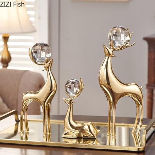 European Style Pure Copper Deer Ornaments Golden Deer Sculpture Crafts Friend Gift Wine Cabinet Dining Table Desktop Accessories