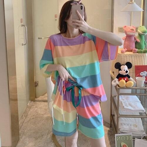Unique Rainbow Womens Pajamas Set Sleepwear Lingerie Tees and Shorts Loungewear Wedding Bride Bridesmaid Plus Size Nightclothes