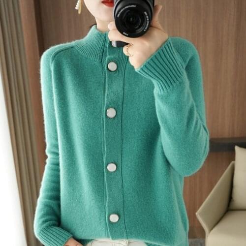 Autumn and Winter 100% Cashmere and Wool Sweater Woman Half High Neck Cardigan Casual Knitted Tops Ladies Jacket Korean Fashion