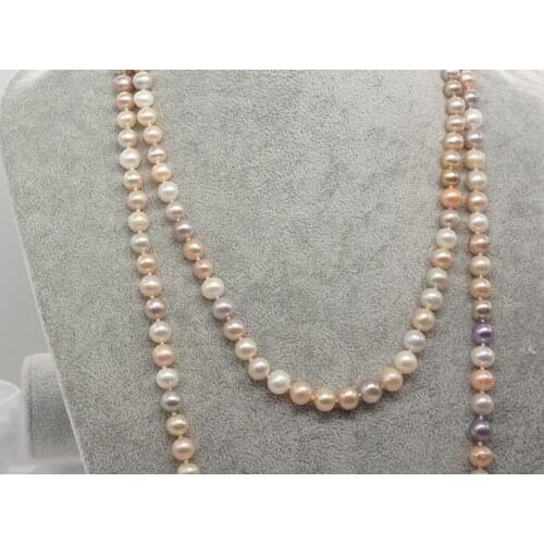 Wedding women Jewelry Top AAA Natural Freshwater pearl 7-8mm Perfectly Round Real pearl Long Necklace highlight Handmade