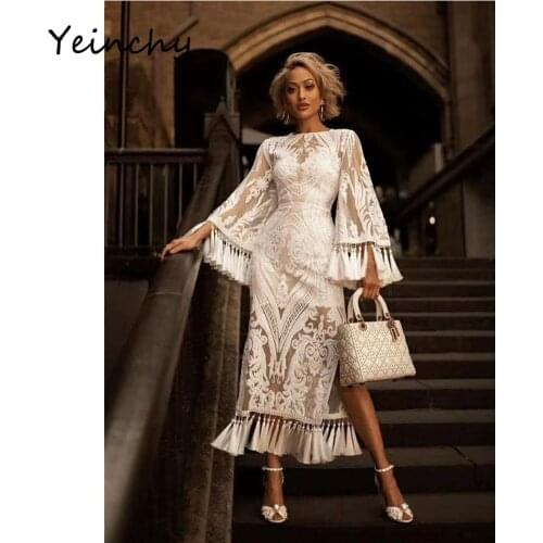Yeinchy women sexy o neck long sleeve lace and tassel party dress split maxi dress FM6043