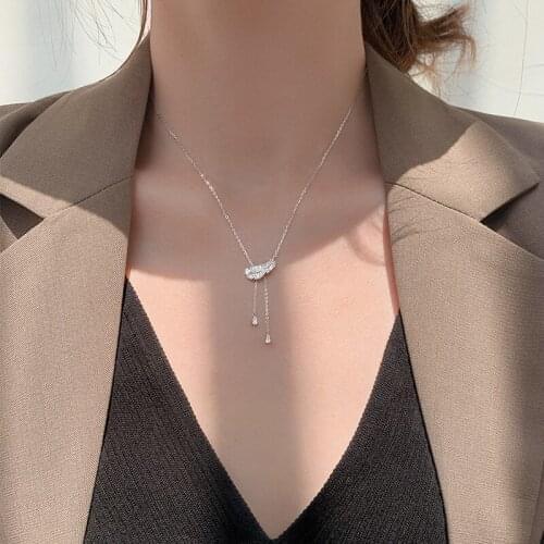 2021 New 925 Sterling Silver Tassel Crystal Feather Charm Pendant Choker Necklace For Women Statement Wedding Jewelry dz138