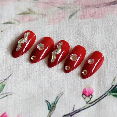 24pcs beautiful full diamond crystal diamond stiletto high candy color S Laser drill fake nails red M007