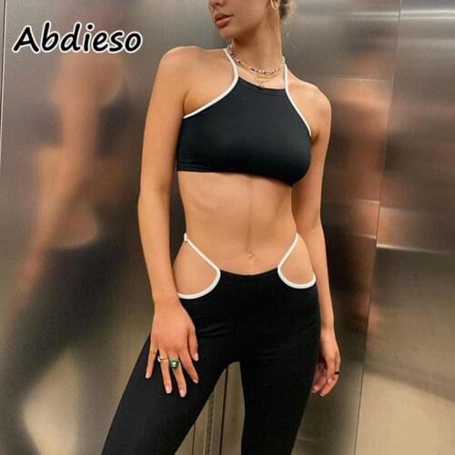 Abdieso 2021 Y2K Black Summer Streetwear Two Piece Set Women Sleeveless Hollow Out Sexy Crop Top and High Waist Pants Fashion
