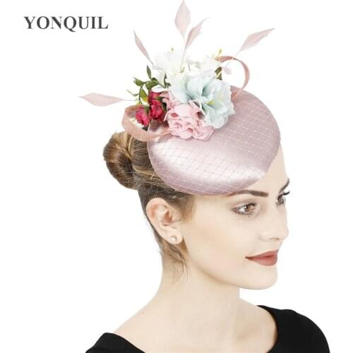 Satin Peach Fashion Bride Wedding Hat Fascinator With Flower Hair Accessories Gorgeous Women Party Headpiece Dhow Race Millinery