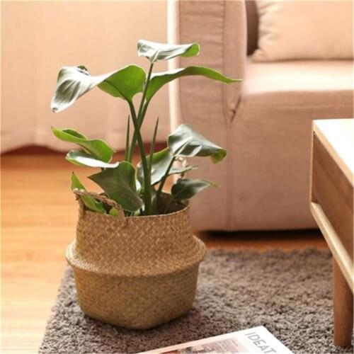 Handmade Bamboo Storage Baskets Foldable Laundry Straw Patchwork Wicker Rattan Seagrass Belly Garden Flower Pot Planter Basket