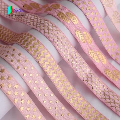 8 Meters Narrow Width 15mm Pink Background Shell,Fish Scales Wave Bronzing Hair Bow Gift Packing Decorate Elastic Band S0267H