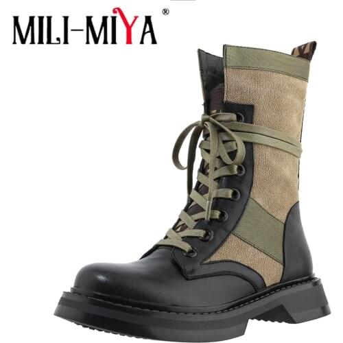 MILI-MIYA Fashion Design New Arrival Women Cow Leather Ankle Boots Lace-Up Round Toe Square Heels Non-Slip Rubber Sole Handmade