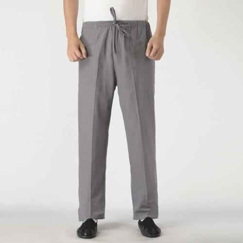 Plus Size pants Mens Chinese Kung Fu Full Length Pants 100% Cotton Drawstring Trousers Casual Elastic Waist gray Pants