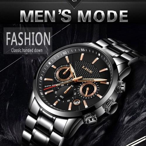 LIGE 9866 Mens Fashion Luxury Business Multifunctional Chronograph Watch Stainless Steel Waterproof Quartz WristWatches Male