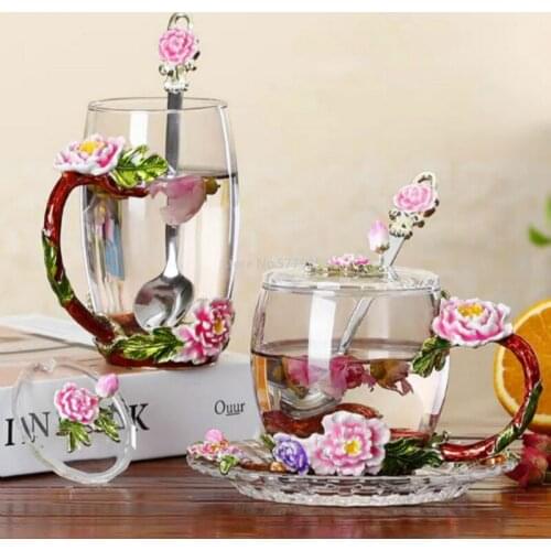 Enamel Crystal Coffee Cup and Mug for Hot and Cold Drinks Home Tea Cup Spoon Set Perfect Wedding Gift Flower Tea Glass Cups