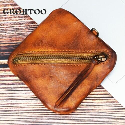 GROJITOO Head leather vegetable tanned leather simple and creative zipper cion purse, man and woman card hoider mini bag