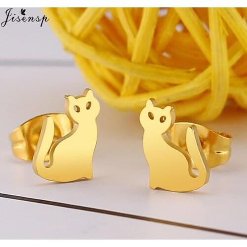 Jisensp Cute Cat Stud Earrings Children Jewellery Hollow Animal Earrings Cool Stainless Steel Jewelry New Year Gifts Oorbellen