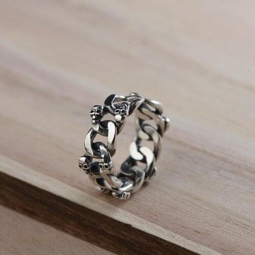 FNJ 925 Silver Ring 100% Original Pure S925 Sterling Silver Rings for Women Jewelry Open Adjustable Size Punk Skull