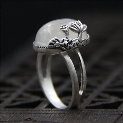 C&R Pure 999 Sterling Silver Rings for Women Vintage Inlaid White Chalcedony Thai Silver Opening Ring Fine Jewelry Size 6-8