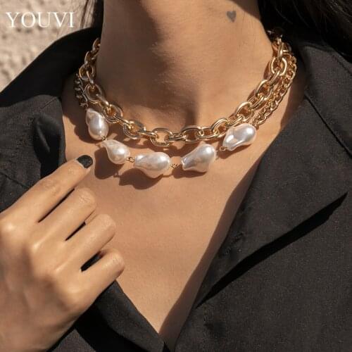 YOUVI Steam Punk Chains Men Pearl Necklace Choker Collar 2PCS Layered Couple Irregular Baroque Pearl Chains Necklace Charms