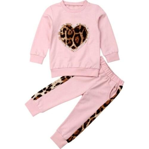 Toddler Baby Little Girls Set Clothing Autumn Spring Pink Long Sleeve Leopard Top+Long Pants 2Pcs Outfit 1-6Y