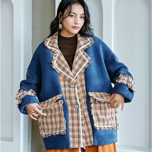 Winter Women High Quality faux lambswool Fur OverCoats Luxury short casual Thick Warm Plus Size female cloth 2019 blue tweed