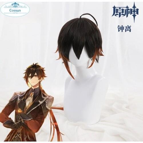 Genshin Impact Zhongli Cosplay 90cm Long Christmas Brown Orange Wig Cosplay Anime Wigs Heat Resistant Synthetic Wigs Halloween