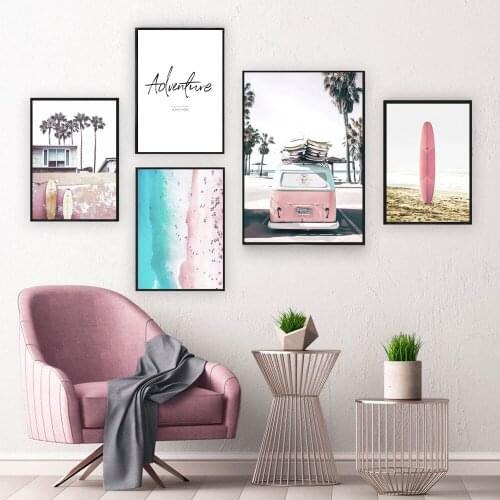 Ocean Landscape Canvas Poster Nordic Style Beach Pink Bus Wall Art Print Painting Decoration Pictures Scandinavian Home Decor