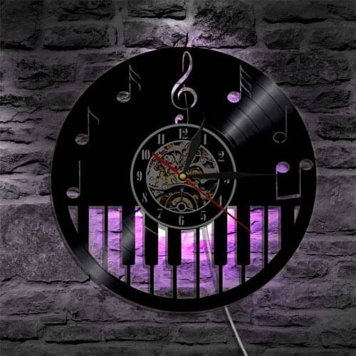 Piano Musical Instrument Vinyl Record Wall Clock With LED Backlight Music Notes Sheet Music Color Change Modern Light