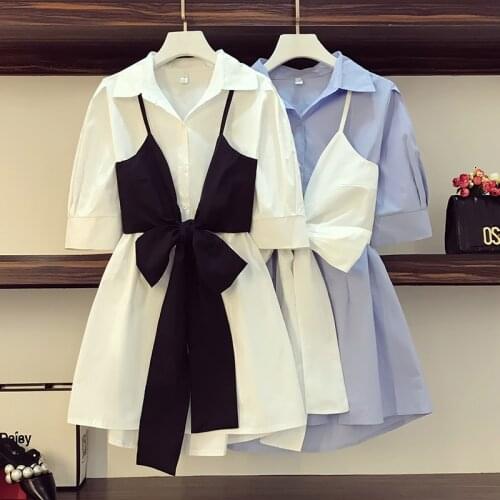 Plus size office ladies Summer shirt dress women cotton white patchwork bowknot vest dress workwear mini dress for women robe