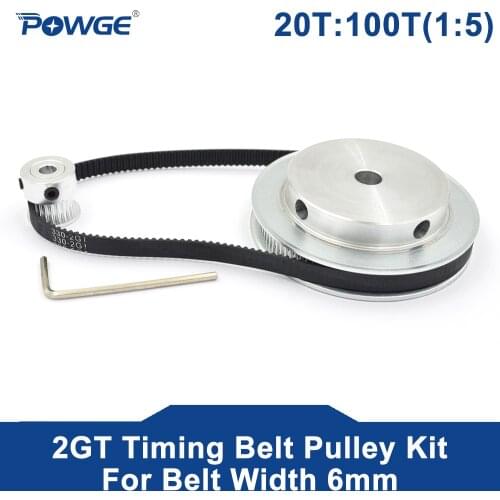 POWGE 2M/2GT 20Teeth 100Teeth Synchronous Timing Pulley bore 5mm-25mm 20T:100T 1:5 Speed Ratio for 330-2GT Belt width 6/9mm Kit