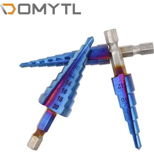 Step Drill Bit Hexagon Shank Straight Groove 3-12/4-12/4-20mm (Blue Plating) Pagoda Woodworking Iron Plate HSS Reaming Tool
