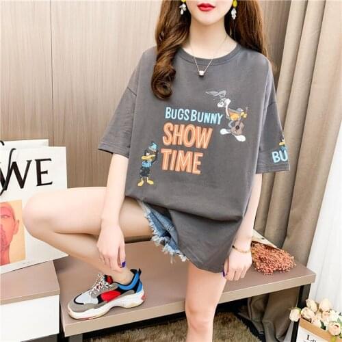 Fashion Cartoon Print T-shirts Women Summer Large size Loose T-shirts Female Long Short Sleeve T-shirt Korean Tops Net Red Ins