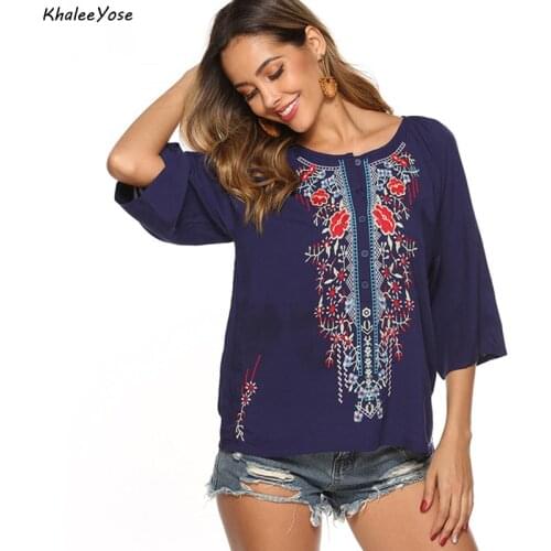 KHALEE YOSE Navy Floral Embroidery Blouses Shirt Cotton Boho Mexican Spring Long Sleeve Plus Size Lace Tie Up 3xl Ethnic Shirt