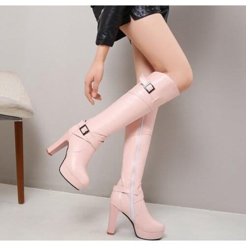 Women High Heel Autumn Knee-High Boots Female Zip PU Leather Buckle Platform SexyThick Heel Sweet Ladies Fashion Botas Mujer