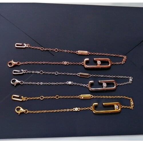 SLJELY Real 925 Sterling Silver Safety Pin Bracelet with Moving Bead Zircon Rose Gold 3 Colors for Women Fashion Party Jewelry