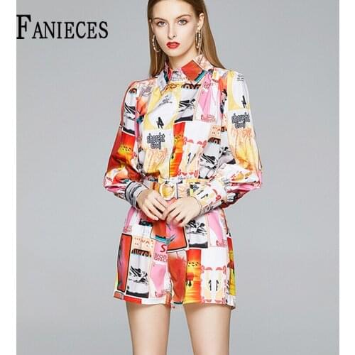 2021 Summer Runway 2 Piece Set Women Floral Print Shirt Blouse tops + Shorts Set Ladies Workwear Two Piece Set Top and Pants