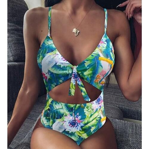 Misswim Knot leave print bodysuit one piece swimsuit female Sexy hollow swimwear women Monokini Retro swimsuit Bathing suit new