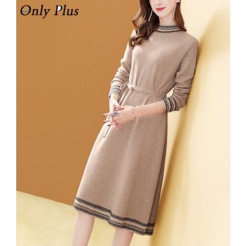 Only Plus Winter Thick Warm Long Knitted Sweater Dress O-Neck Pullover Stripe Midi Dress Slim High Waist Bodycon Party Vestidos