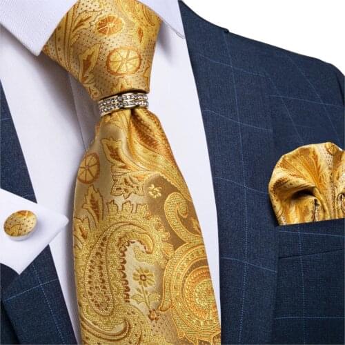 DiBanGu New Designer Mens Necktie Yellow Paisley Wedding Tie For Men Ring Hanky Cufflinks Silk Tie Set Business Party