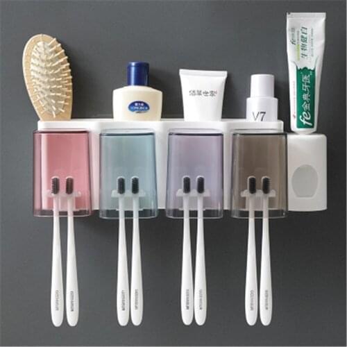 Toothpaste Dispenser Wall-Mounted Punch-Free Toothbrush Holder Set Toothpaste Squeezer Bathroom Storage Rack with Cups