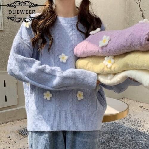 DUEWEER Sweaters Women Knitted Pullover Oversize Long-sleeve Flowers Sweet Lovely Girls Elegant Fashion All-match Causal Ulzzang