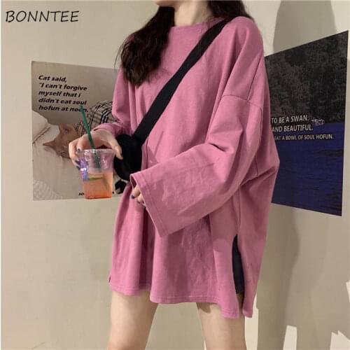 T-shirts Womens Oversize Sweet Korean Style Long Sleeve Slit Side O-neck Leisure Loose Chic Tees Female Ulzzang 2020 Autumn Hot