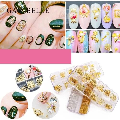 GAM-BELLE 12 Grid Mixed Shape Nail Art Decorations Gold Silver Hollow Geometric Studs Sea Shell Star Rivet 3D Metal Nail Decals