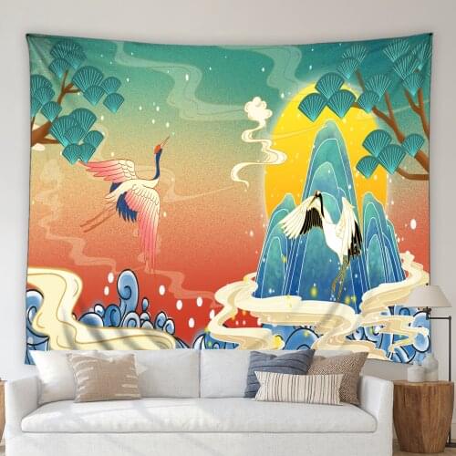 Chinese Style Tapestry Crane Animal Creative Blue Ocean Wave Mountain Living Room Mural Wall Hanging Blanket Bedroom Decor Cloth
