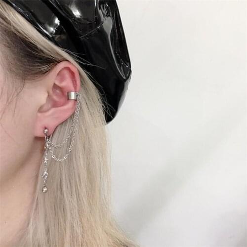 Kpop Personality Hip Hop Stainless Steel Heart Shaped Star Chain Tassel Pendant Earrings Ear Bone Chain Cool Egirl Disco Jewelry